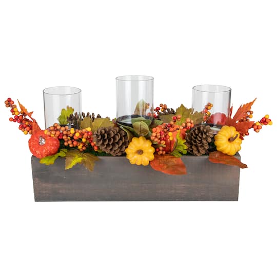 27&#x22; Pumpkin, Berry &#x26; Pinecone Fall Harvest Triple Pillar Candle Holder